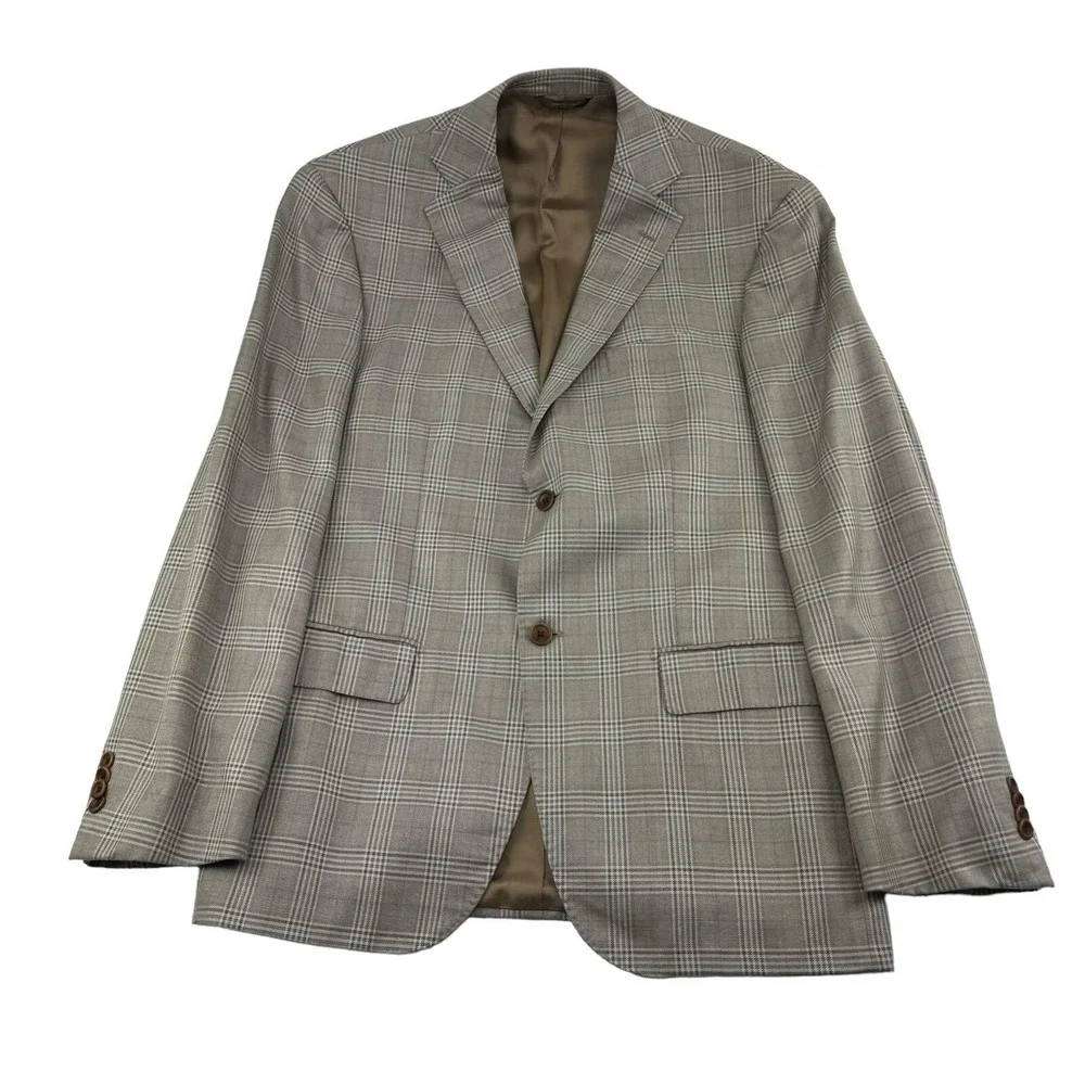 Napoli di Nordstrom Brown & Blue Plaid EThomas Wool Silk Blazer Mens‎ Size 42L